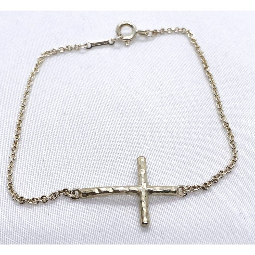 Tiffany & Co Picasso Silver Hammered Sideway Horizontal Cross Bracelet 6.75”